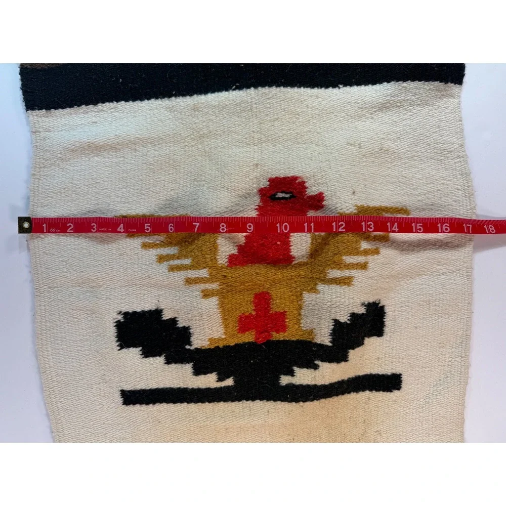 Vintage Mexican Thunderbird Wool Rug Table Runner Southwestern Woven 45x17 Cream